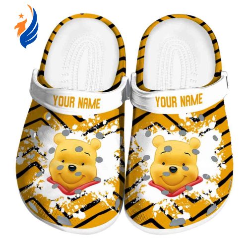 Custom Name Winnie The Pooh Zigzag Paint Burst Yellow Clogs For Kids And Adults
