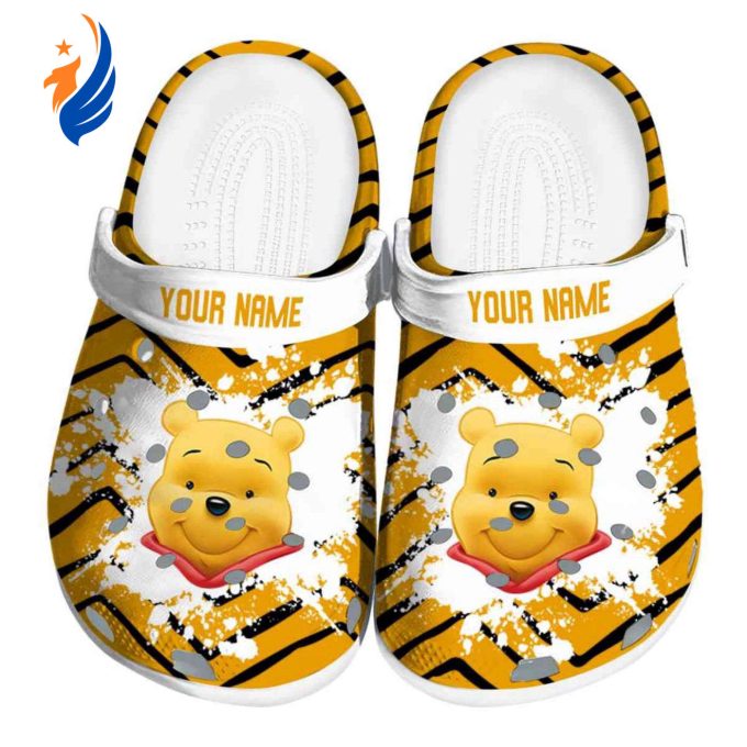 Custom Name Winnie The Pooh Zigzag Paint Burst Yellow Clogs For Kids And Adults