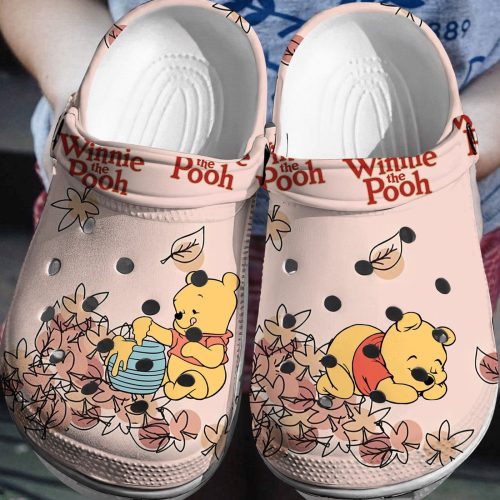 Cute Little Winnie The Pooh Eating Honey Light Pink Clogs For Kids And Adutls