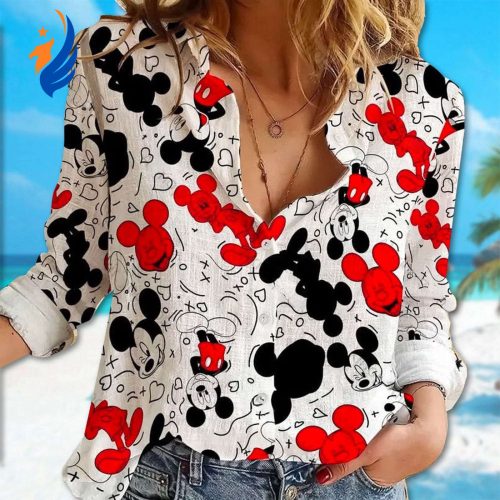 Cute Mickey Mouse Linen Shirt: Button Down Casual Shirt Cartoon Gift for Women – Magic Kingdom T-Shirt