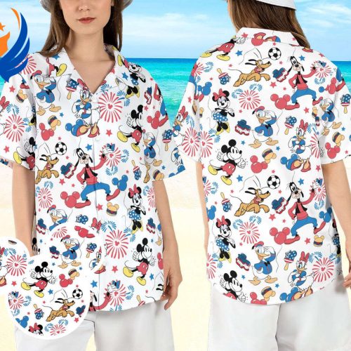 Disneyland 4th of July Hawaiian Shirt: Patriotic Aloha Beachwear with Mickey & Friends USA Fireworks Button Shirt