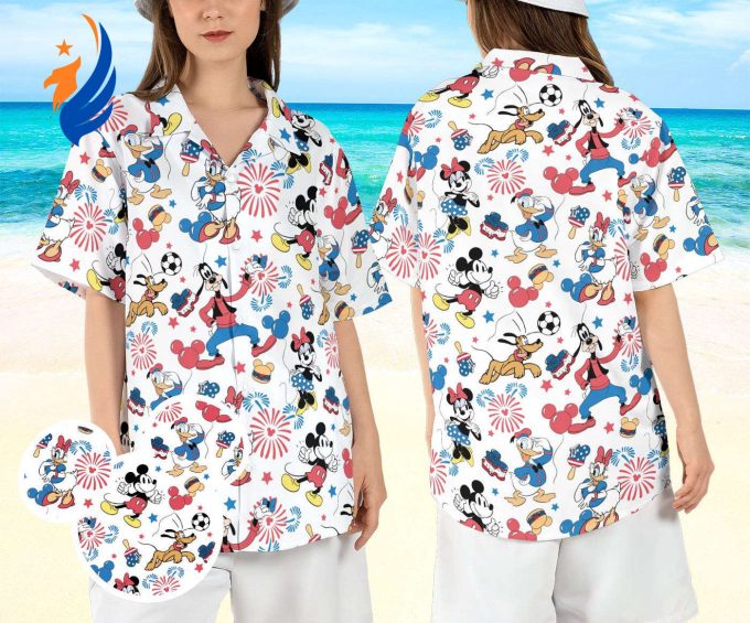 Disneyland 4th of July Hawaiian Shirt: Patriotic Aloha Beachwear with Mickey & Friends USA Fireworks Button Shirt