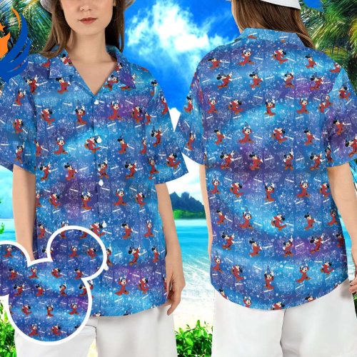 Disneyland Fantasia Hawaiian Shirt: Sorcerer Mickey Beach Aloha Magic Button Summer Shirt
