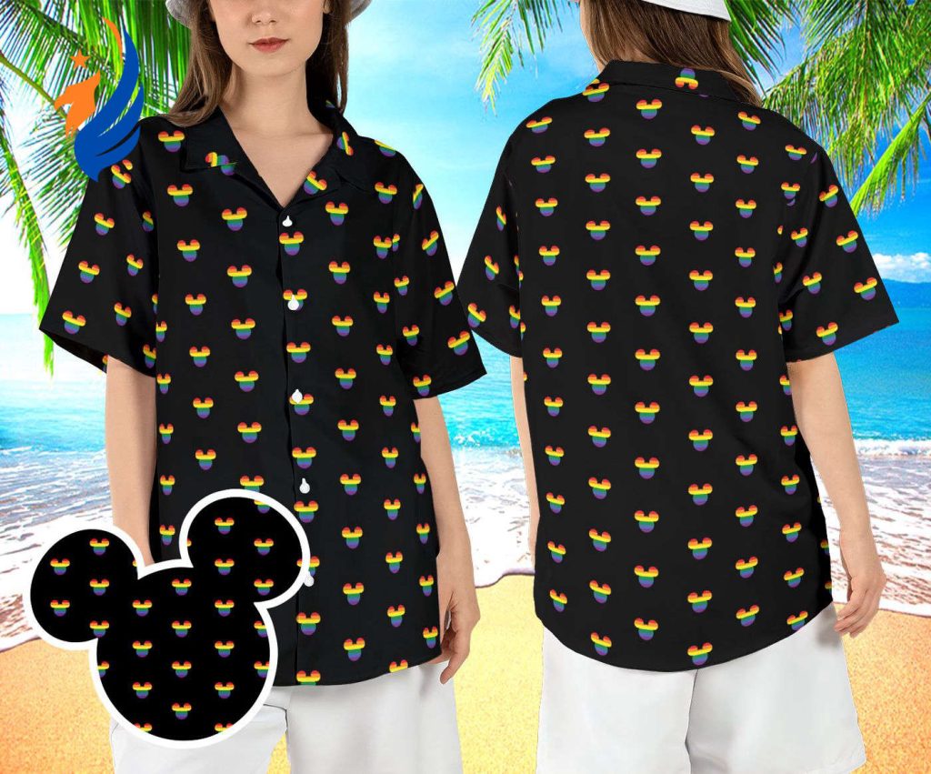 Disneyland LGBT Pride Hawaiian Shirt: Rainbow Mickey Ears Beach Aloha Shirt with Human Rights Button Disneyland LGBT Pride Hawaiian Shirt: Rainbow Mickey Ears Beach Aloha Shirt with Human Rights Button
