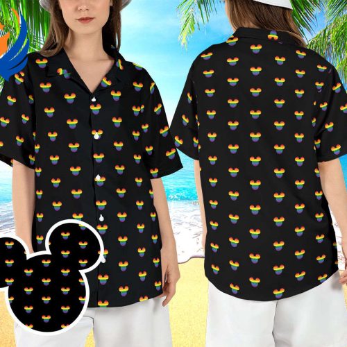 Disneyland LGBT Pride Hawaiian Shirt: Rainbow Mickey Ears Beach Aloha Shirt with Human Rights Button