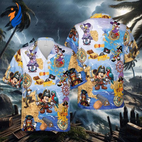 Disney Hawaiian Shirt: Mickey Pirate Treasure Map Button Down for Magical Kingdom Summer Party – Mickey and Friends Hawaiian
