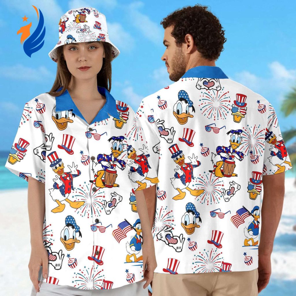 4th July Hawaiian Shirt: Donald Duck & Mickey Mouse Squad Family Matching Button Up for Independence Day 4th July Hawaiian Shirt: Donald Duck & Mickey Mouse Squad Family Matching Button Up for Independence Day