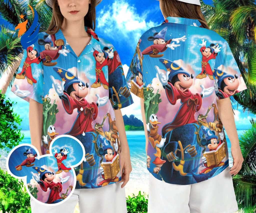 Magical Fantasia Sorcerer Mickey Hawaiian Shirt: Disneyland Magic Kingdom Aloha Shirt with Fantasmic Button Magical Fantasia Sorcerer Mickey Hawaiian Shirt: Disneyland Magic Kingdom Aloha Shirt with Fantasmic Button