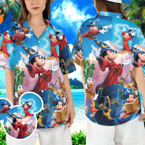 Magical Fantasia Sorcerer Mickey Hawaiian Shirt: Disneyland Magic Kingdom Aloha Shirt with Fantasmic Button
