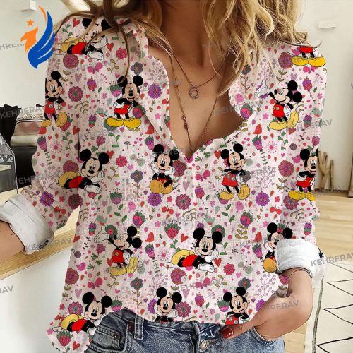 Floral Mickey 3D All Printed Women Casual Shirt - Fashionable Mickey Linen Blouse S to 5XL Sizes