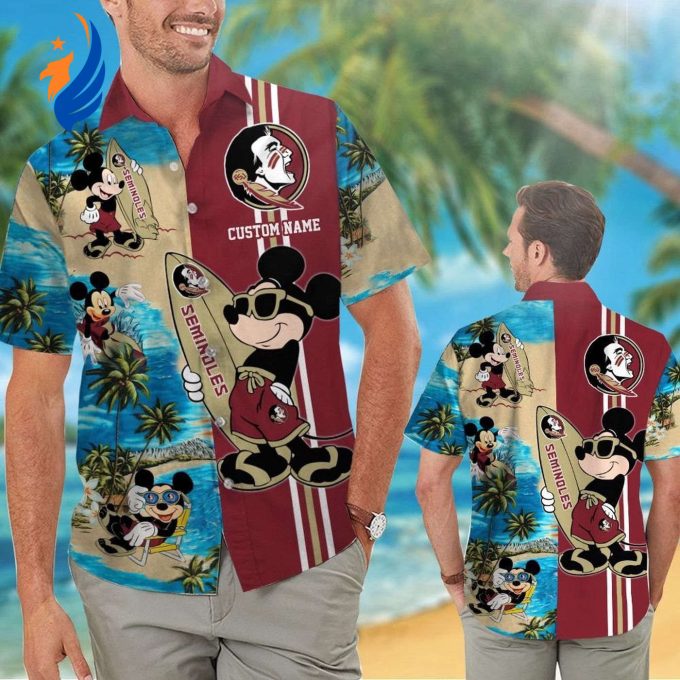 Custom Florida State Seminoles Hawaiian Shirt with Personalized Mickey Name Tropical Aloha Design Custom Florida State Seminoles Hawaiian Shirt with Personalized Mickey Name Tropical Aloha Design