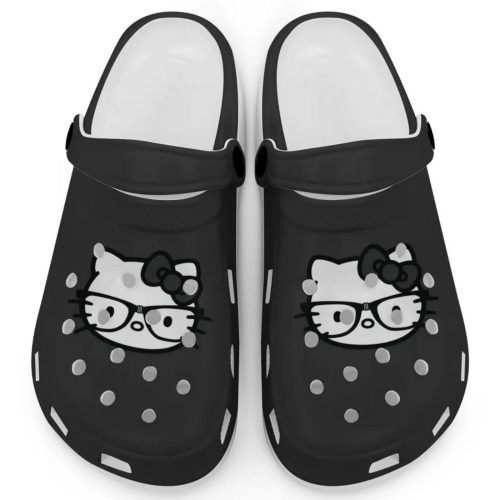 Hello Kitty Black and White Nerd Glasse Black Clogs For Kids And Adults