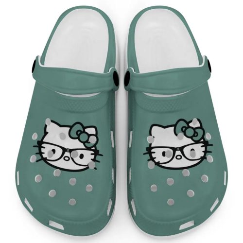 Hello Kitty Black and White Nerd Glasse Light Green Clogs For Kids And Adults Fast Shipping