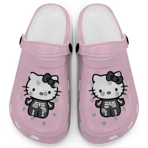 Hello Kitty Halloween Skeleton Black And White Blossom Clogs For Kids And Adults Fast Shipping