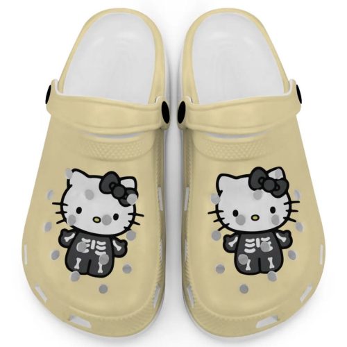 Hello Kitty Halloween Skeleton Black And White Ivory Clogs For Kids And Adults