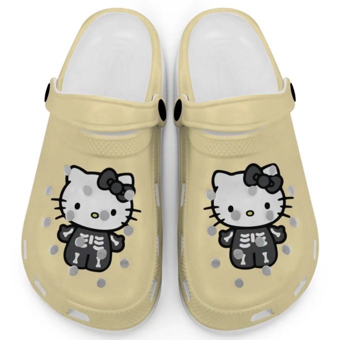 Hello Kitty Halloween Skeleton Black And White Ivory Clogs For Kids And Adults