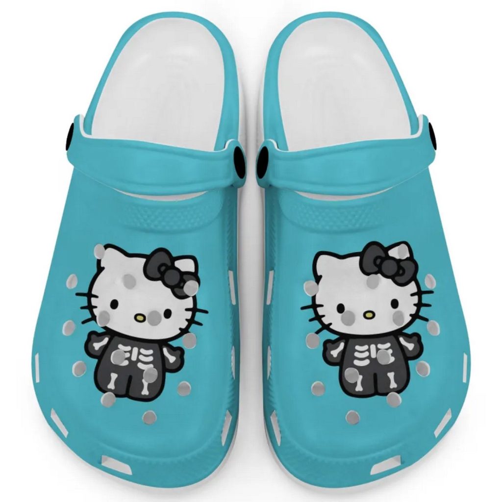 Hello Kitty Halloween Skeleton Black And White Light Blue Clogs For Kids And Adults Hello Kitty Halloween Skeleton Black And White Light Blue Clogs For Kids And Adults