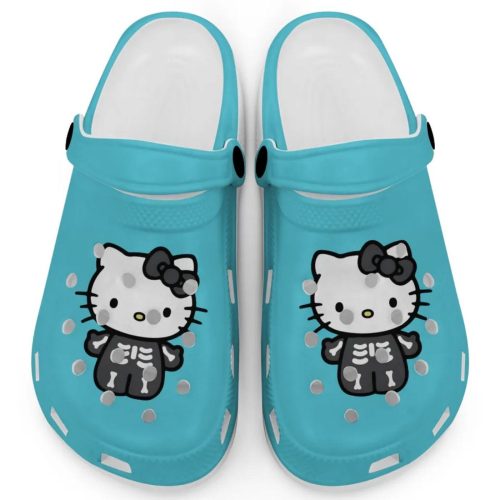 Hello Kitty Halloween Skeleton Black And White Light Blue Clogs For Kids And Adults