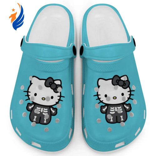 Hello Kitty Halloween Skeleton Black And White Light Blue Clogs For Kids And Adults