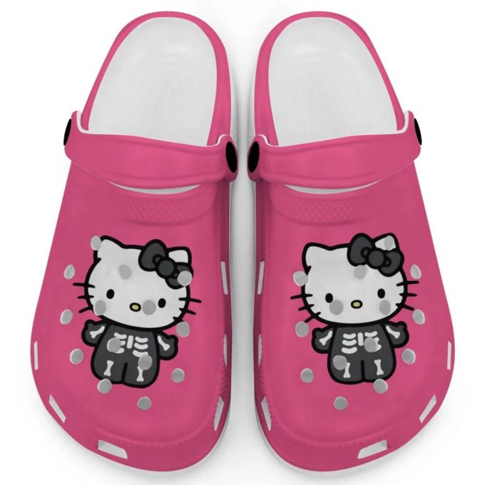 Hello Kitty Halloween Skeleton Black And White Pink Clogs For Kids And Adults