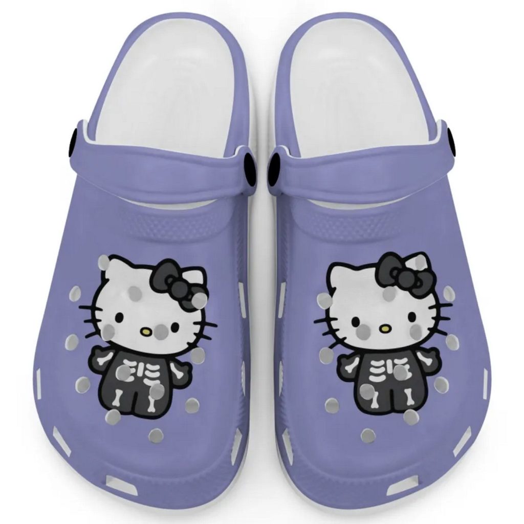 Hello Kitty Halloween Skeleton Black And White Violet Clogs For Kids And Adults Hello Kitty Halloween Skeleton Black And White Violet Clogs For Kids And Adults