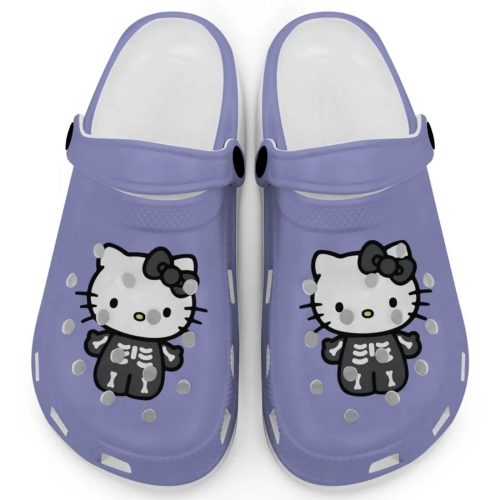 Hello Kitty Halloween Skeleton Black And White Violet Clogs For Kids And Adults