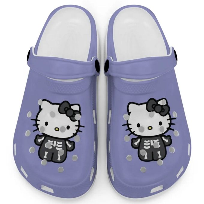 Hello Kitty Halloween Skeleton Black And White Violet Clogs For Kids And Adults