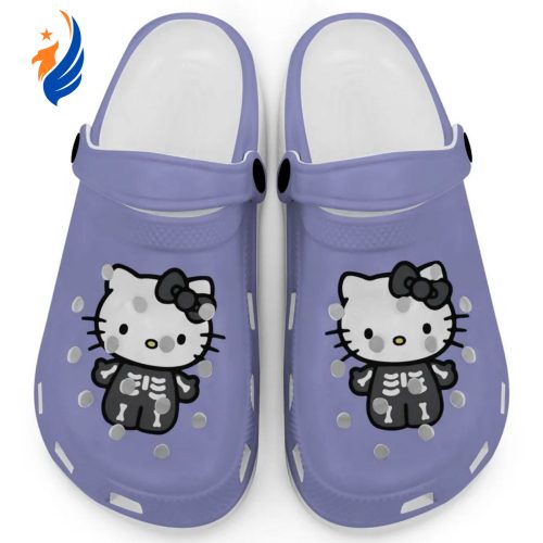 Hello Kitty Halloween Skeleton Black And White Violet Clogs For Kids And Adults