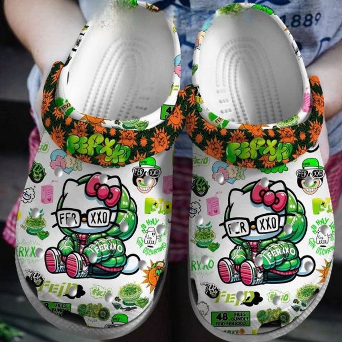 Hello Kitty Happy Green Fer XXO White Clogs For Kids And Adults