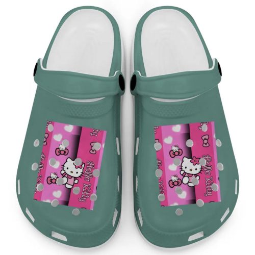Hello Kitty Pink Stripes Light Green Clogs For Kids And Adults
