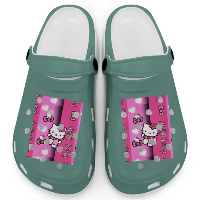 Hello Kitty Pink Stripes Light Green Clogs For Kids And Adults