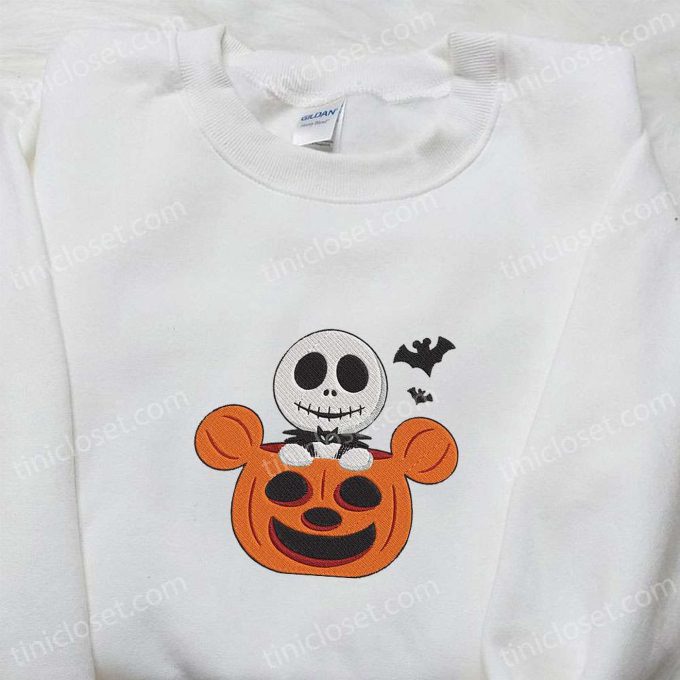 Jack Skellington Mickey Pumpkin Embroidered Sweatshirt: Disney Movie Halloween Gift for Family