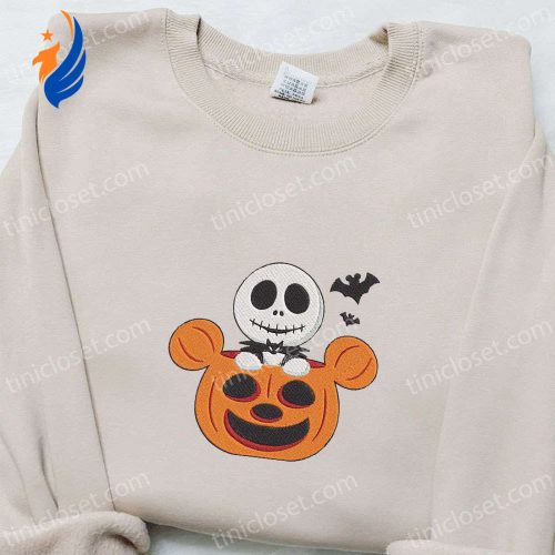 Jack Skellington Mickey Pumpkin Embroidered Sweatshirt: Disney Movie Halloween Gift for Family