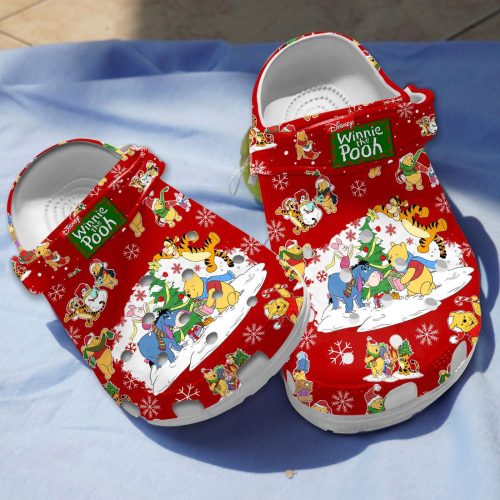 Merry Christmas Winnie The Pooh Red Clogs, Water-proof And Lightweight Clogs For Kids And Adults