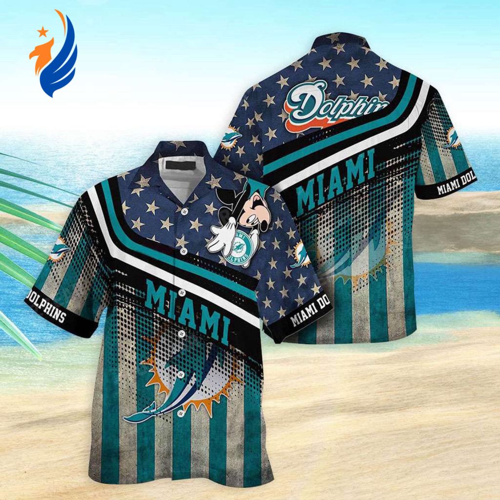Stylish Miami Dolphins Hawaiian Shirt with Dolphins Mickey Graphic – American Flag Design Stylish Miami Dolphins Hawaiian Shirt with Dolphins Mickey Graphic – American Flag Design