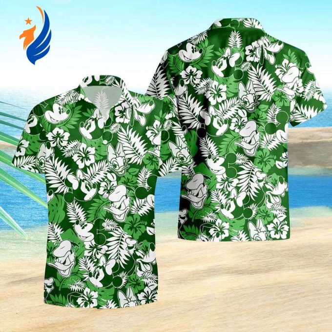 Stylish Mickey Aloha Shirt: Green Hawaiian Floral Shirt with Mickey and Friends – Shop Now!