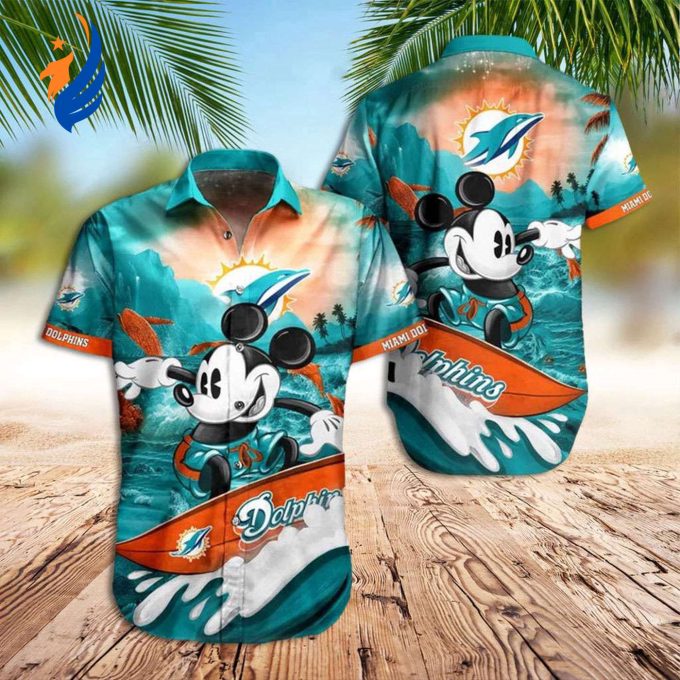 Mickey Aloha Shirt: Miami Dolphins Hawaiian Shirt with Dolphins and Mickey Mickey Aloha Shirt: Miami Dolphins Hawaiian Shirt with Dolphins and Mickey