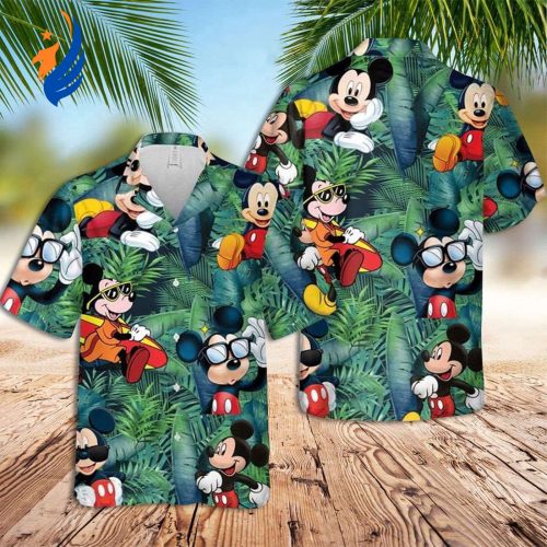 Mickey Aloha Shirt: Vibrant Hawaiian Design with Mickey Mouse & Green Forest Motif