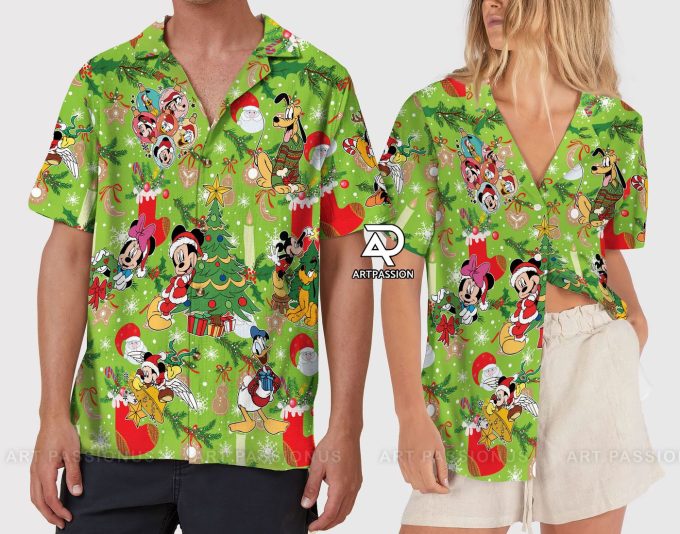 Get Festive with Mickey and Friends Christmas Hawaiian Shirt – Green Disney Design