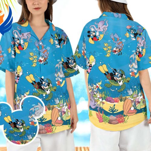 Disneyland Summer Beach Aloha Shirt Mickey & Friends Dive Hawaiian Under the Sea Hawaii Vacay Mode Button Shirt