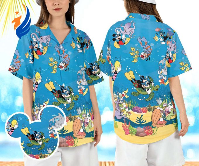Disneyland Summer Beach Aloha Shirt Mickey & Friends Dive Hawaiian Under the Sea Hawaii Vacay Mode Button Shirt