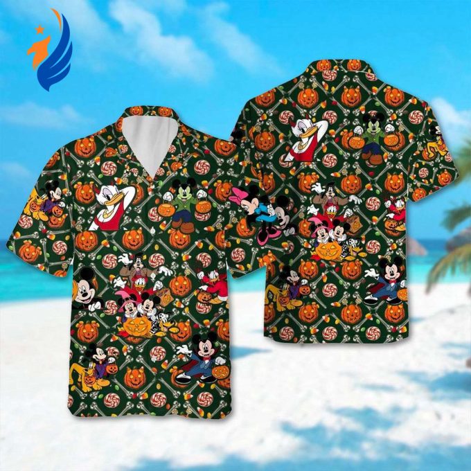 Mickey and Friends Halloween Hawaiian Shirt: Spooky Minnie Donald & Pumpkin Mickey – Perfect Halloween Party Attire!