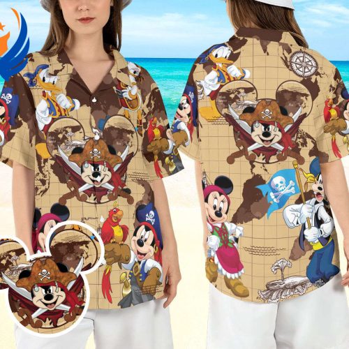 Disneyland Pirates Hawaiian Shirt: Mickey & Friends Pirates of Caribbean Pirates Treasure Map Aloha Shirt Magic Kingdom