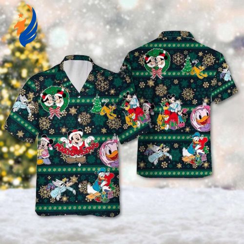 Mickey and Friends Snowflakes Hawaiian Shirt: Festive Xmas Gift with Mickey Mouse Minnie Donald Goofy and Pluto