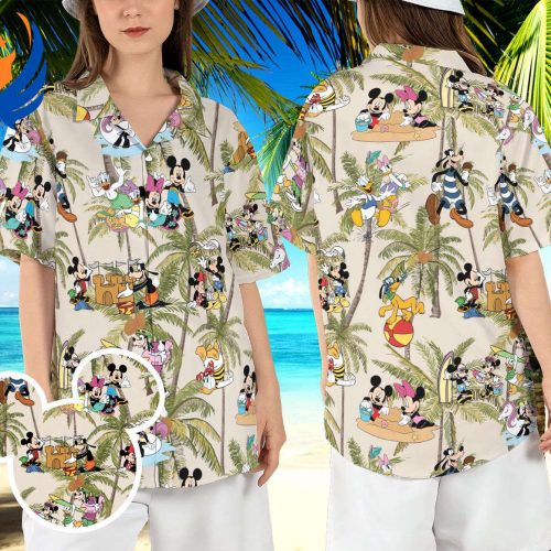 Disney Mickey and Friends Summer Hawaiian Shirt: Animated Mouse Beach Aloha Shirt with Disneyland Coconut Tree and Magic Kingdom Buttons