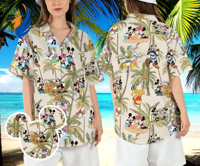Disney Mickey and Friends Summer Hawaiian Shirt: Animated Mouse Beach Aloha Shirt with Disneyland Coconut Tree and Magic Kingdom Buttons Disney Mickey and Friends Summer Hawaiian Shirt: Animated Mouse Beach Aloha Shirt with Disneyland Coconut Tree and Magic Kingdom Buttons