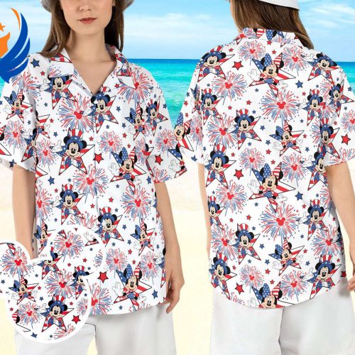 Mickey & Minnie 4th of July Hawaiian Shirt: Disneyland USA Party Aloha Shirt for Patriotic Couples – Independence Day Button Shirt