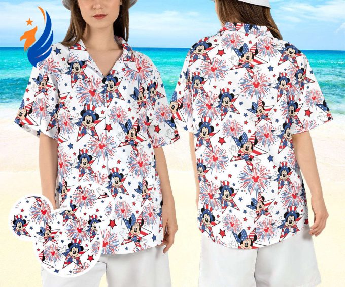 Mickey & Minnie 4th of July Hawaiian Shirt: Disneyland USA Party Aloha Shirt for Patriotic Couples – Independence Day Button Shirt