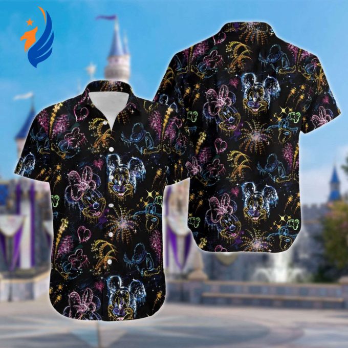 Mickey and Minnie Love in the Sky Hawaii Shirt – Couple Mouse Hawaiian Shirt for Summer Vacation and Mouse Firework Attire