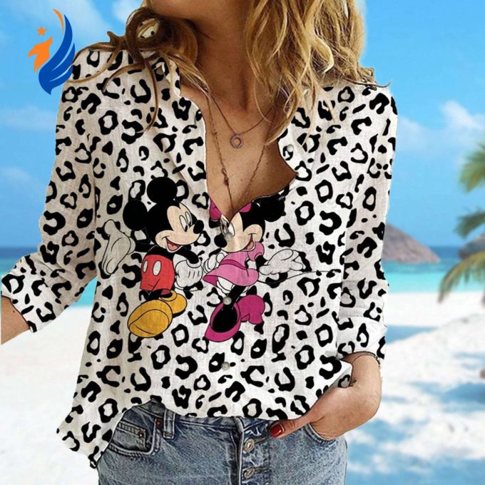 Mickey and Minnie Mouse Linen Shirt – Stylish Cartoon Button Down for Women Perfect Magic Kingdom Gift